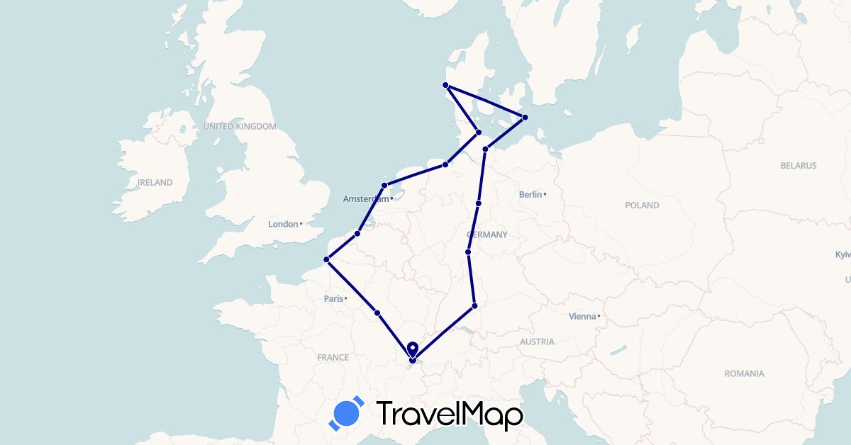 TravelMap itinerary: driving in Belgium, Switzerland, Germany, Denmark, France, Netherlands (Europe)